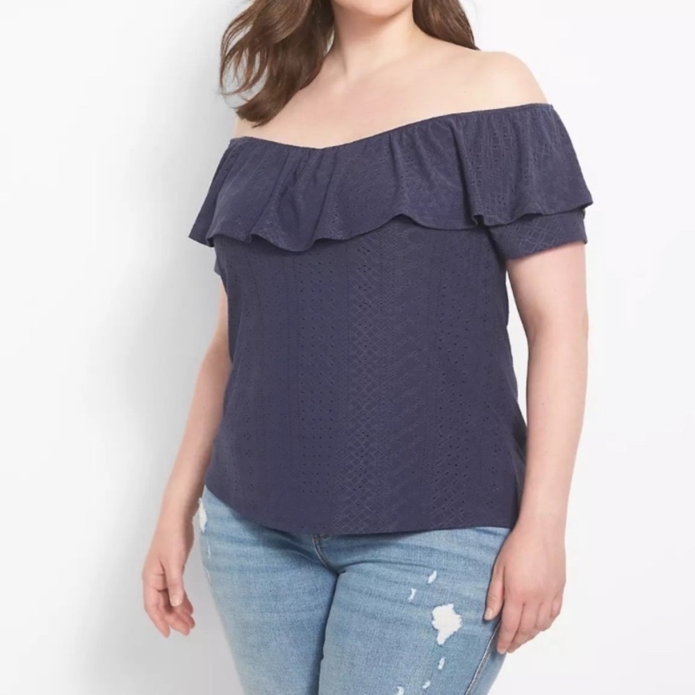 Lane Bryant Eyelet Off Shoulder Ruffle Top Navy Blue Size 18/20 Flutter Knit